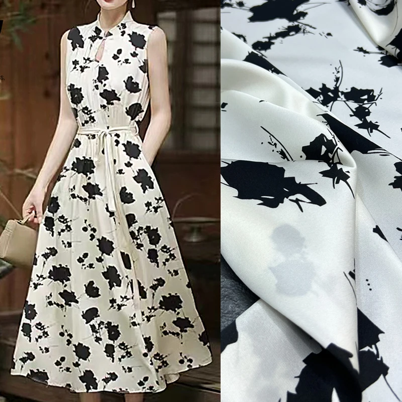 

140CM Wide 20MM Black Print on White Twill Silk Fabric for Summer Spring Pants Blouse Dress-Stretch Silk Fabric D1437