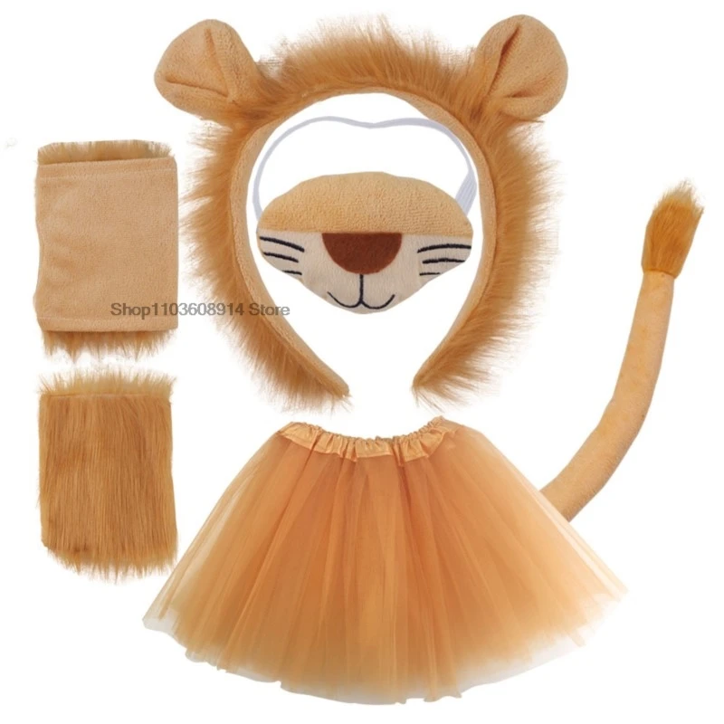 Children Boy Girls Men Lion Costumes Ears and Tail Headband Skirt Set Cosplay Accessories