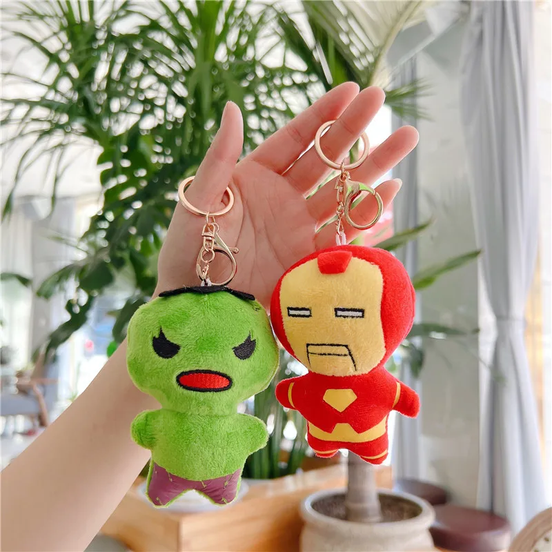 12cm Marvel Spiderman Hulk Iron Man Thor Plush Keychain Cute Cartoon Stuffed Doll Car Keyring Kawaii Backpack Pendant Decor Gift