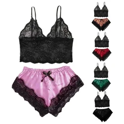 Set pigiama da donna Sexy indumenti da notte in pizzo di raso Lingerie da donna pantaloncini elastici con bretelle indumenti da notte abiti senza maniche intimo top