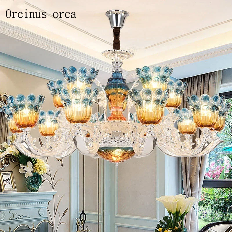 

European luxury peacock green chandelier living room dining room bedroom French pastoral Creative Blue LED Crystal Chandelier