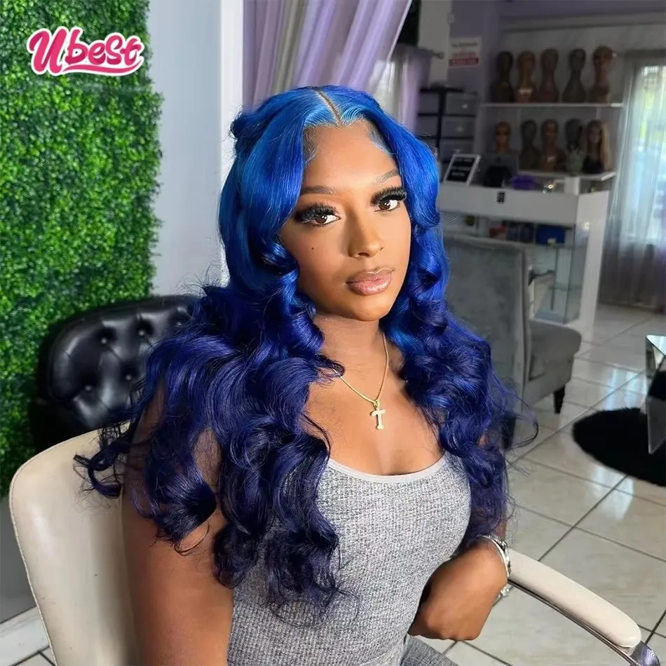 

Ubest 13X6 13X4 Transparent Lace Front Wigs Body Wave 100 Human Hair Ombre Blue Colored 5X5 Closure Wig Pre Plucked For Women