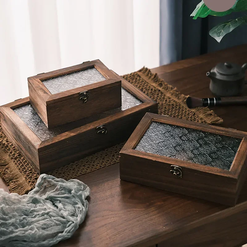 

Retro Black Walnut Desktop Box Tea Set Sundries Storage System Cover Dustproof Jewelry Organizer Vintage Style Home Organizer