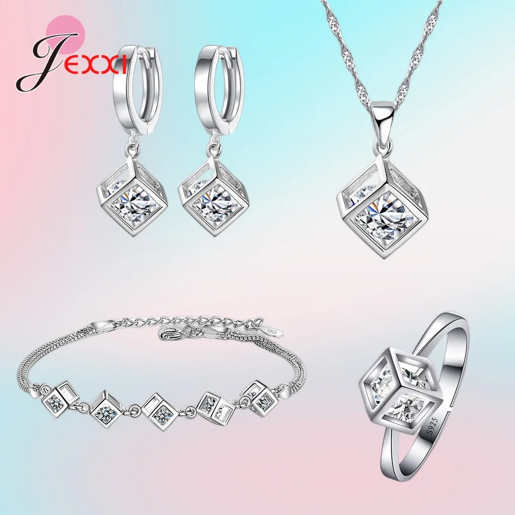 New Stamp 925 Silver Needle Drop Earrings Square Crystal Pendant Necklace Extend Bracelet For Women Jewelry Sets