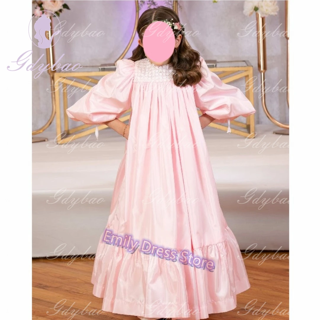 

Pink Puffy Flower Girl Dress For Wedding Satin High Waist Toddler Bridesmaid First Communion Kids Birthday Party Dress Ball Gown