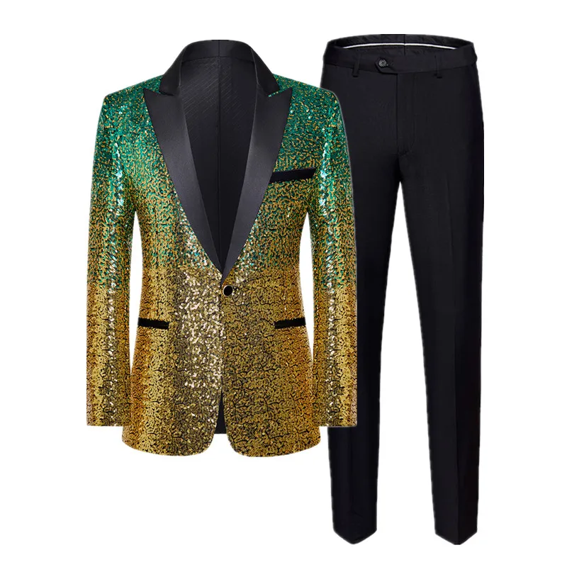 Fashion Male Sequin Suit 2 Piece Men Bar KTV Stage Performance Dress Male Gradient Clothing