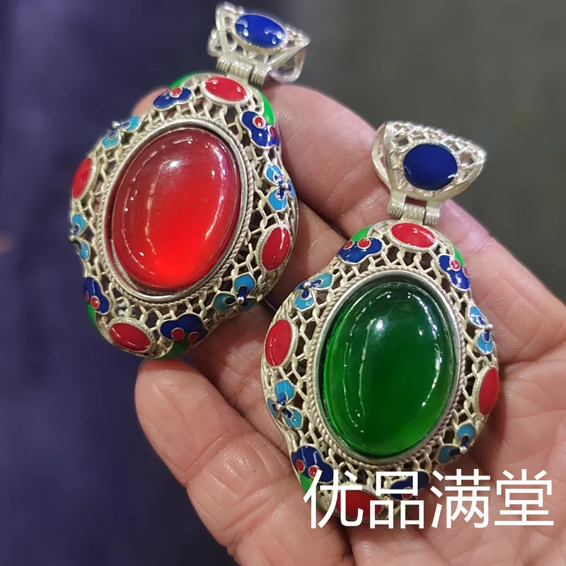 Antique-Style, Distressed White Copper And Quartzite Jade , Cloisonné Enamel Pendants