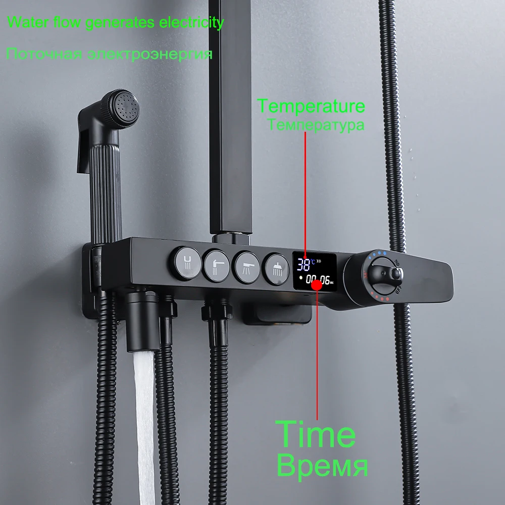 Imagem -03 - Display Preto Termostática Torneira do Chuveiro Conjunto Chuvas Todo o Metal com Prateleira Banheiro Fluxo de Água Produz Eletricidade