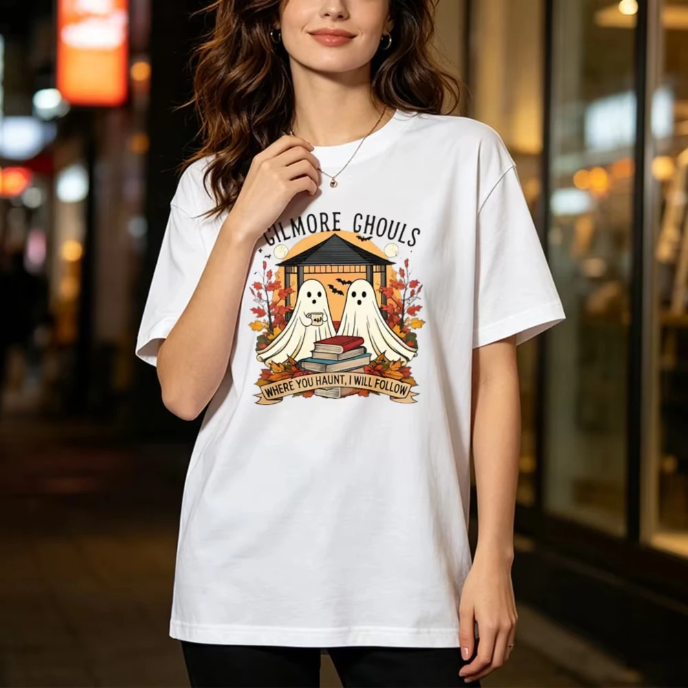 Fashion Gilmore Ghouls Unisex Tee Casual Cotton Shirt Trendy Autumn Book Lover Graphic Top Cute Ghost Coffee Fall Streetwear Tee