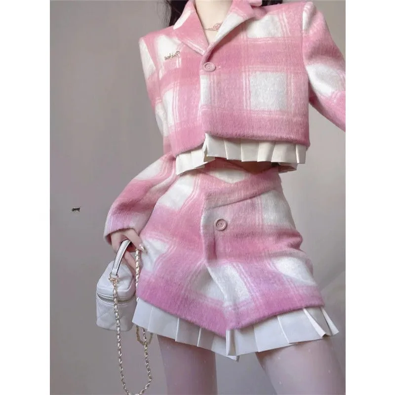 Sweet Fashion Plaid Jacket Skirt Two-piece Set Temperament Pleated Splice Sequined Lapel Slim Winter Female Chic College Wear