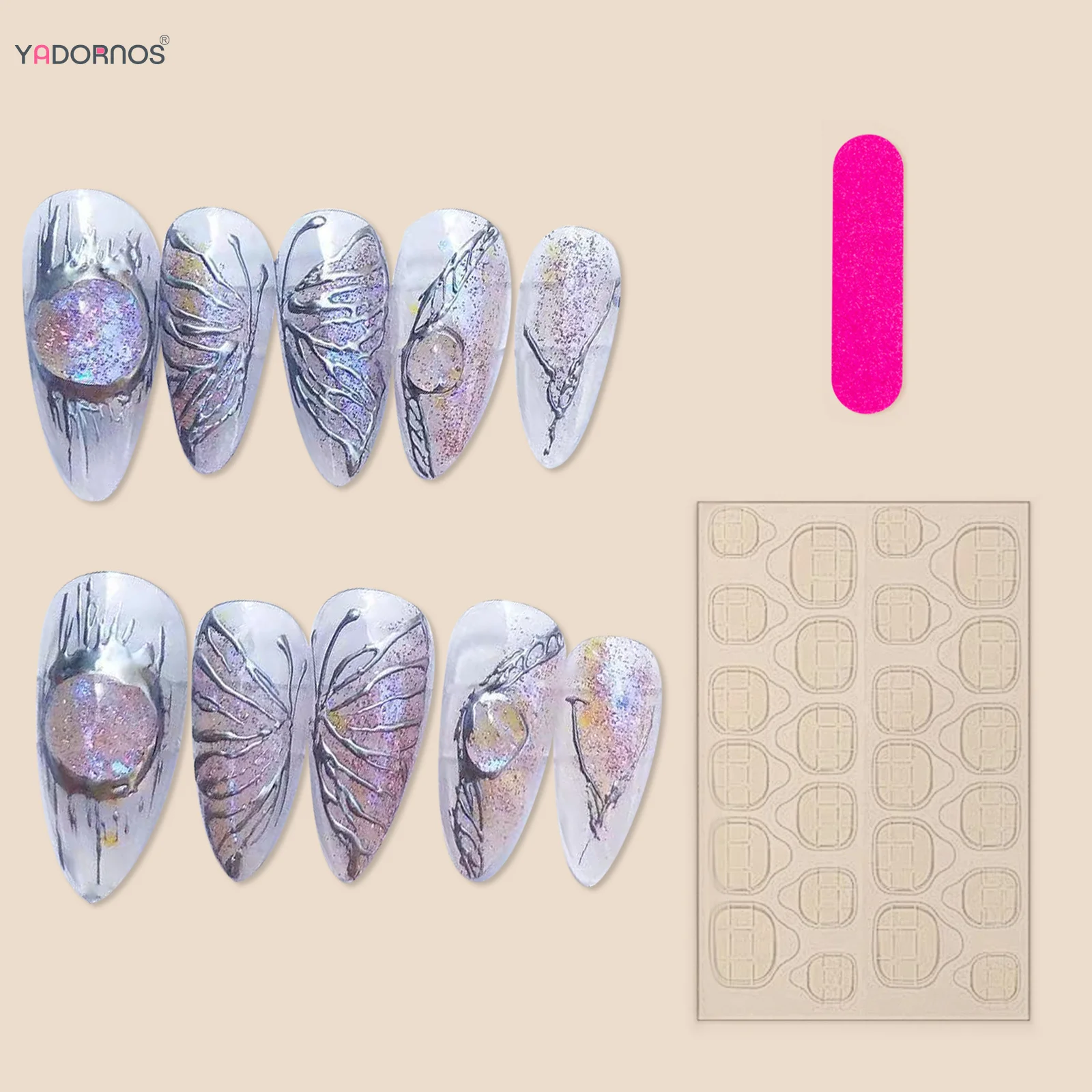 Kuku palsu buatan tangan, 10 buah kuku palsu buatan tangan dengan desain kupu-kupu perak, logam berat Almond, tekan pada kuku Glossy, kuku palsu yang dapat dipakai untuk wanita