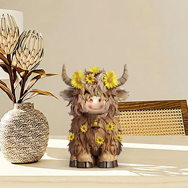 Highland Cow Figurine 3D Highland Cattle Statue Farmhouse Housewarming Decor Small Cute Brown Scottish Resin Figurine for