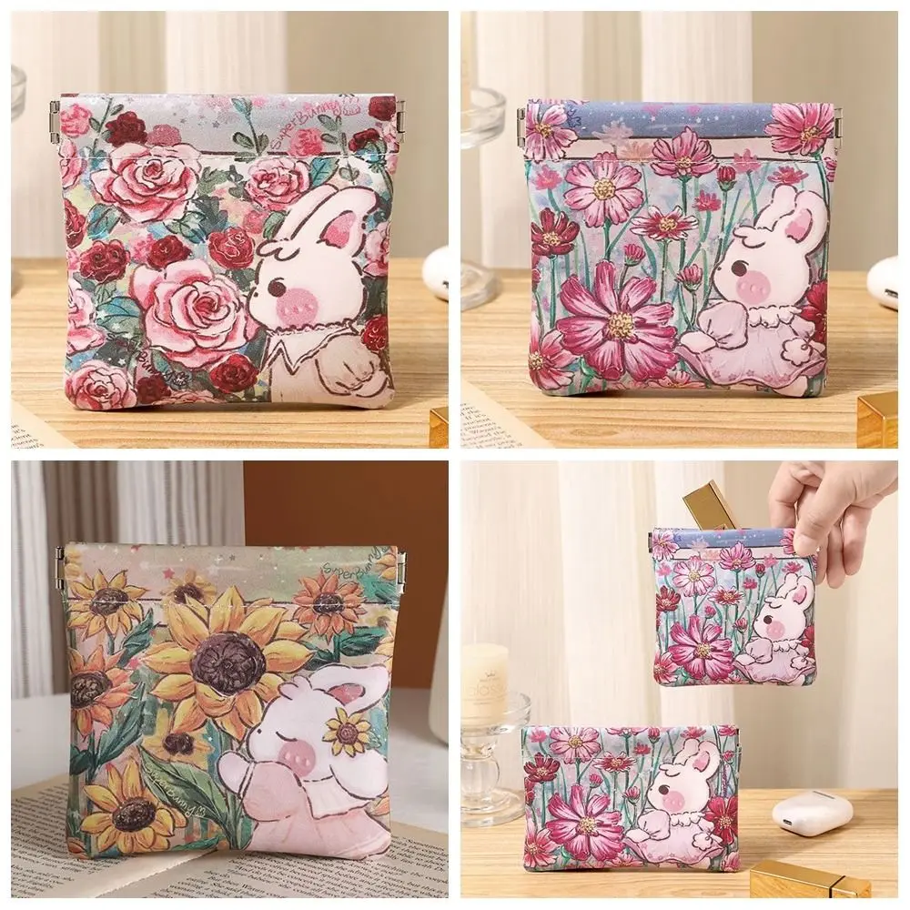 Mini bolsa cosmética de couro PU para mulheres, estampa de flores, fecho automático, armazenamento de batom, fechado automaticamente, porta-moedas, simples