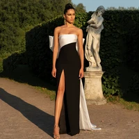 Vestido de noche clásico blanco y negro, parte superior de tubo en la espalda, lazo grande, abertura lateral Sexy y largo hasta el suelo, vestidos de fiesta personalizados para mujer