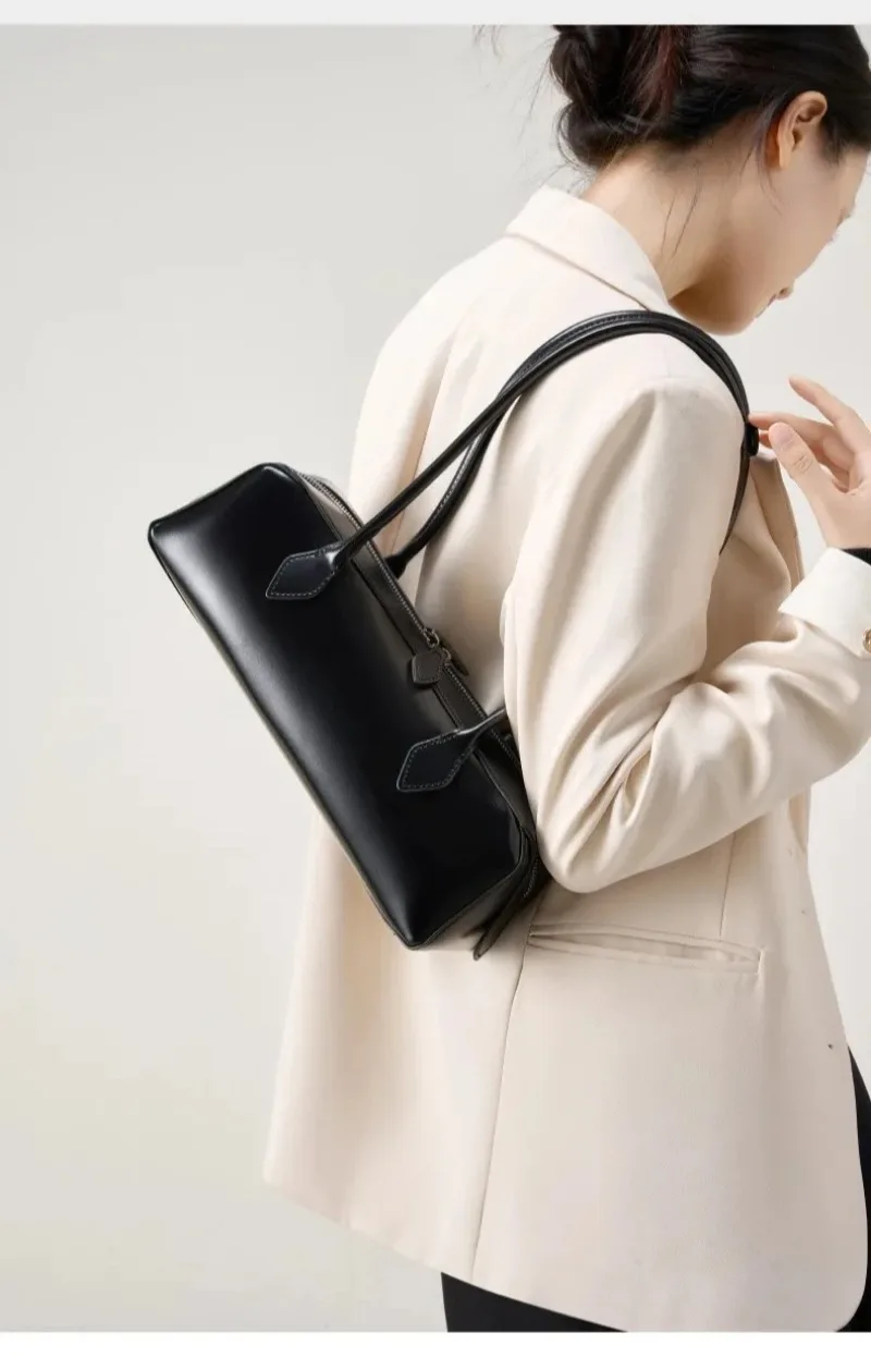 Vintage Lange Schultertasche für Damen, Luxuriöse Rindsleder-Handtasche, Damen-Umhängetasche für Pendlerinnen und Einkäufe – Detail 2