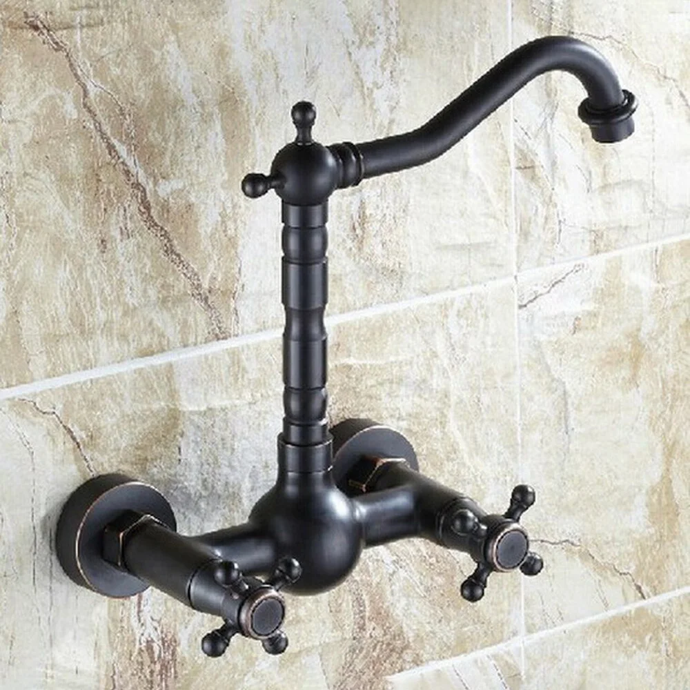 

Black Oil Rubbed Brass Wall Mounted Bathroom Sink Faucet Swivel Spout Bathtub Mixer Dual Cross Handles Nnf265