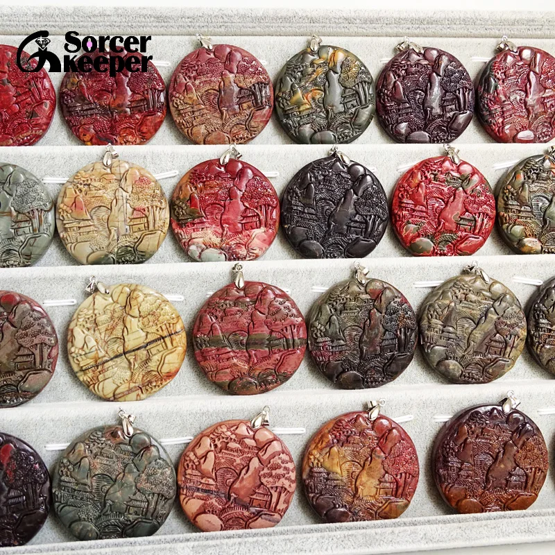 Hand Carving Scenery Crystal Natural Picasso Jasper Stone Pendant DIY Making Women Chain Necklace Jewelry Accessories 1PCS BG785