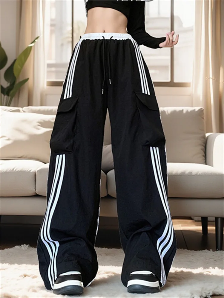 American Sle Striped Loose Casual Sports Pants Women's Autumn New Straight Leg Wide Leg Bla Pants Workwear Trousers