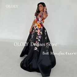 OLOEY Modest Black Arabic Evening Dress Embroidery Flowers Sleeveless Wedding Party Dress  A Line Long Prom Gown Customized