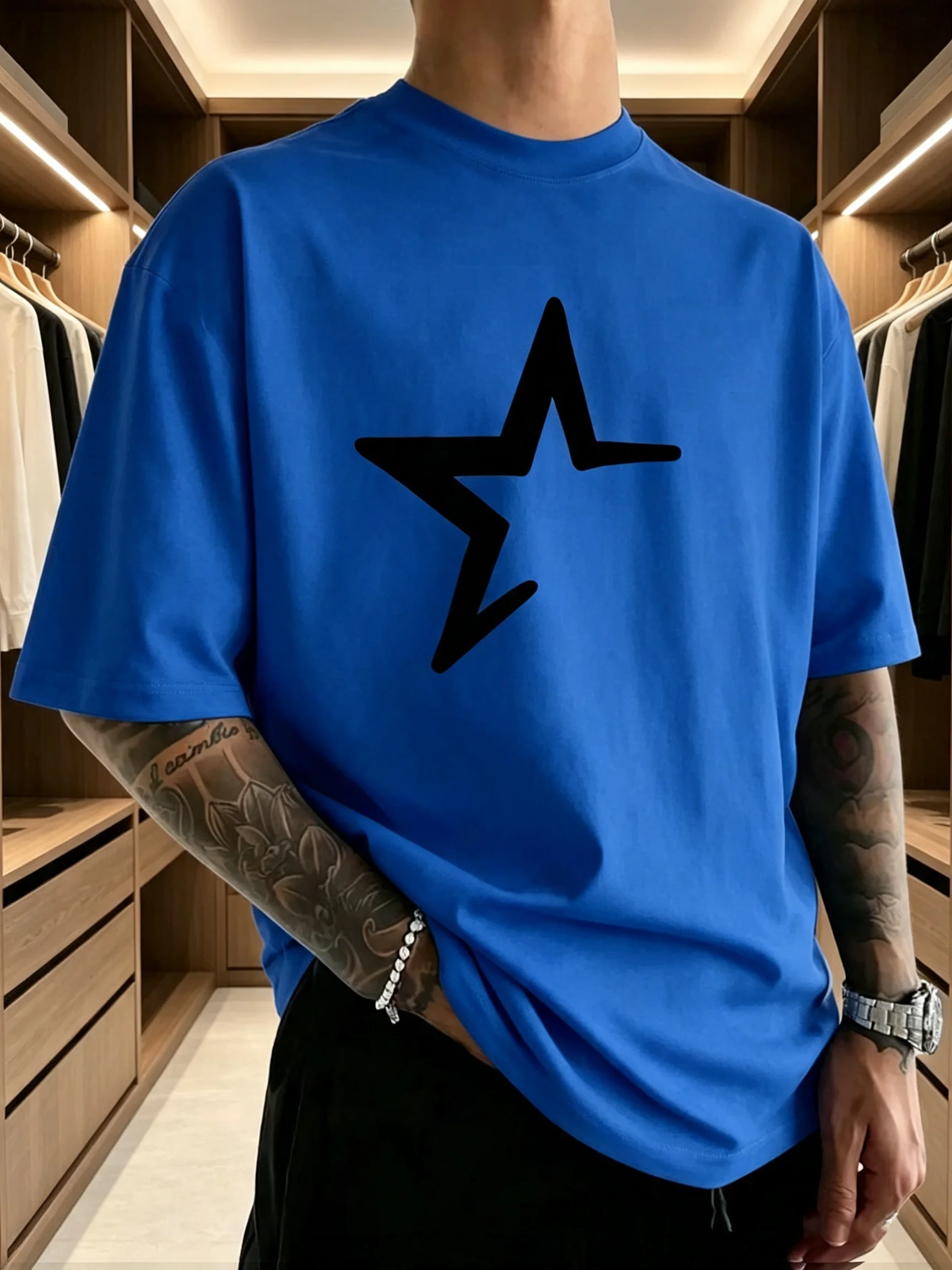 Men's Summer New Hand‑Painted Five‑Pointed Star Print T‑Shirt, 100% Cotton Loose Y2K Crew Neck Short Sleeve Casual Daily Top