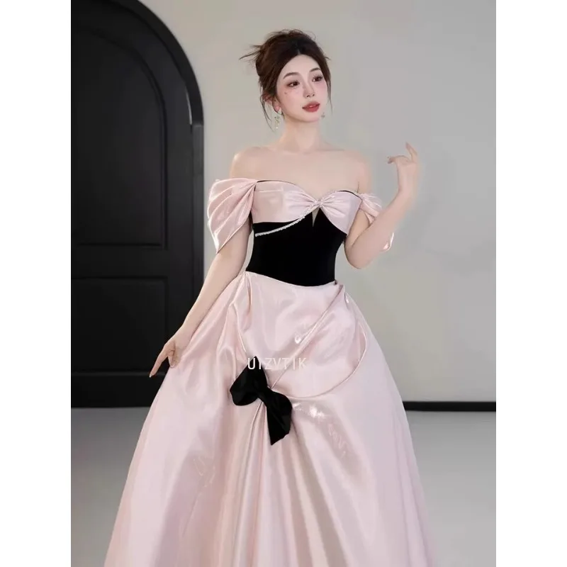كوريا الأميرة الوردي قبالة الكتف فساتين السهرة صورة تبادل لاطلاق النار الأكمام Bowknot الحرير الساتان فساتين حفلات الزفاف فستان الحفلات 2025 جديد