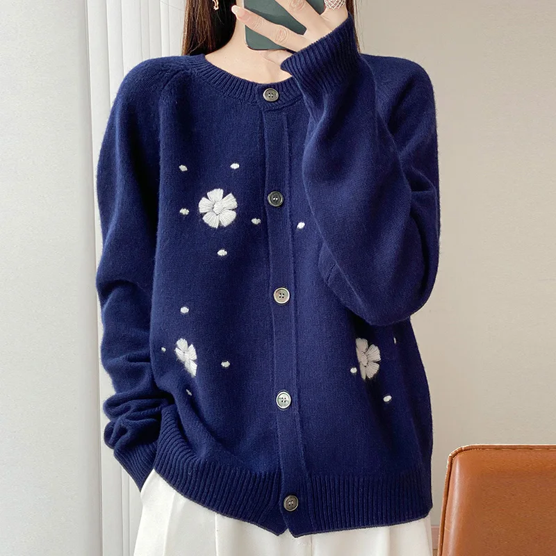 

Autumn Winter New 100% Pure Wool Cardigan Women's Round Neck Embroidered Knitted Sweater Casual Loose Top Women's Sweater Jacket