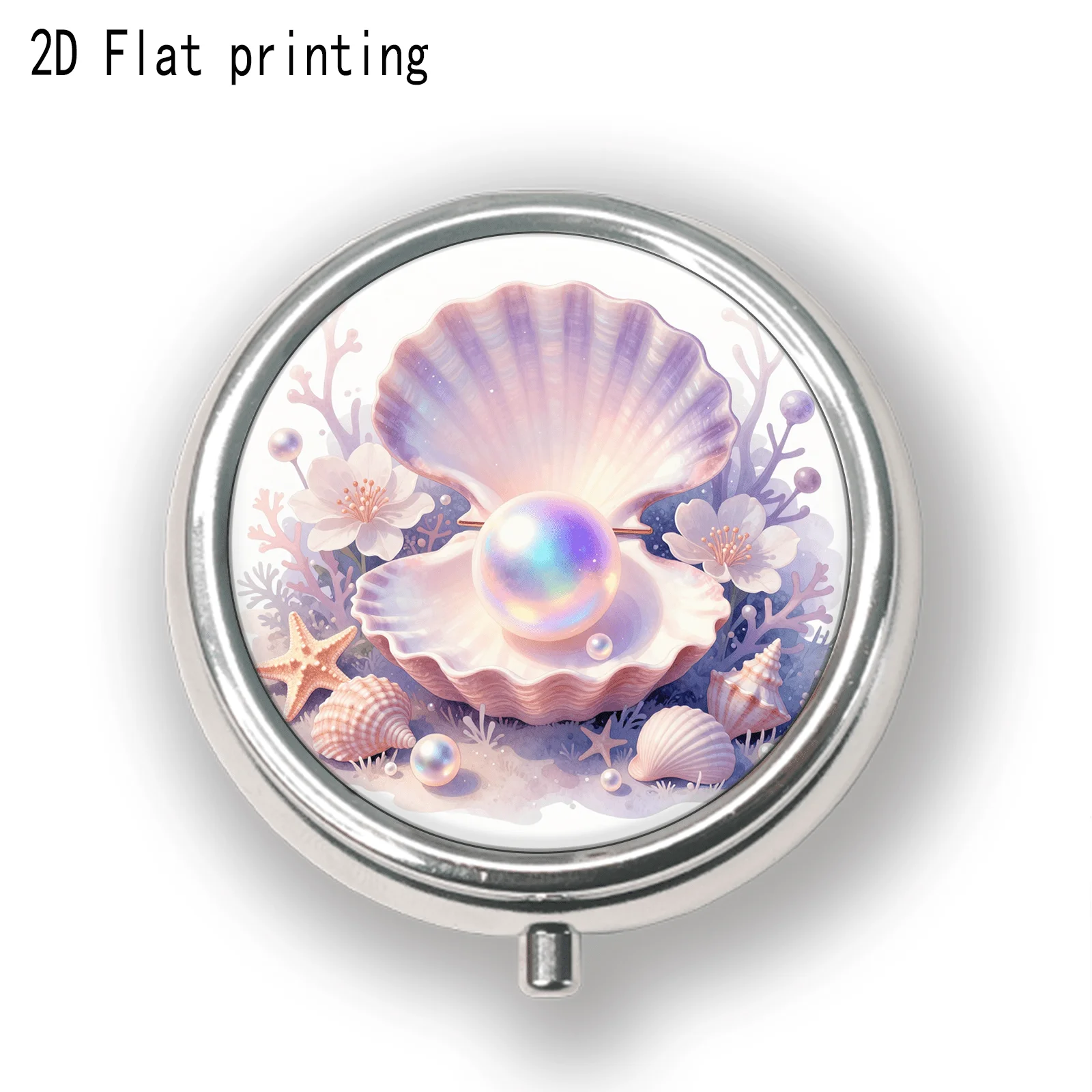 1 pearl shell, coral, and starfish 3-compartment portable pill box, flat single-sided printing. Compact pill box, exquisite and convenient, suitable for travel, an excellent gift choice