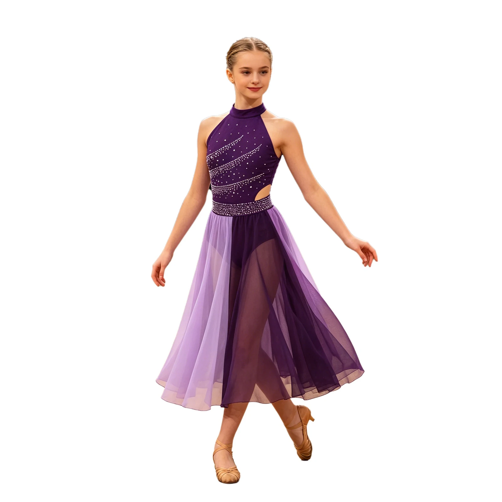 Mädchen Tanzkleid für Lyrischen und Zeitgenössischen Tanz, Ärmellos mit Strass, Seitenschlitz, Chiffon Eiskunstlauf Ballett Gymnastik Trikot – Detail 11