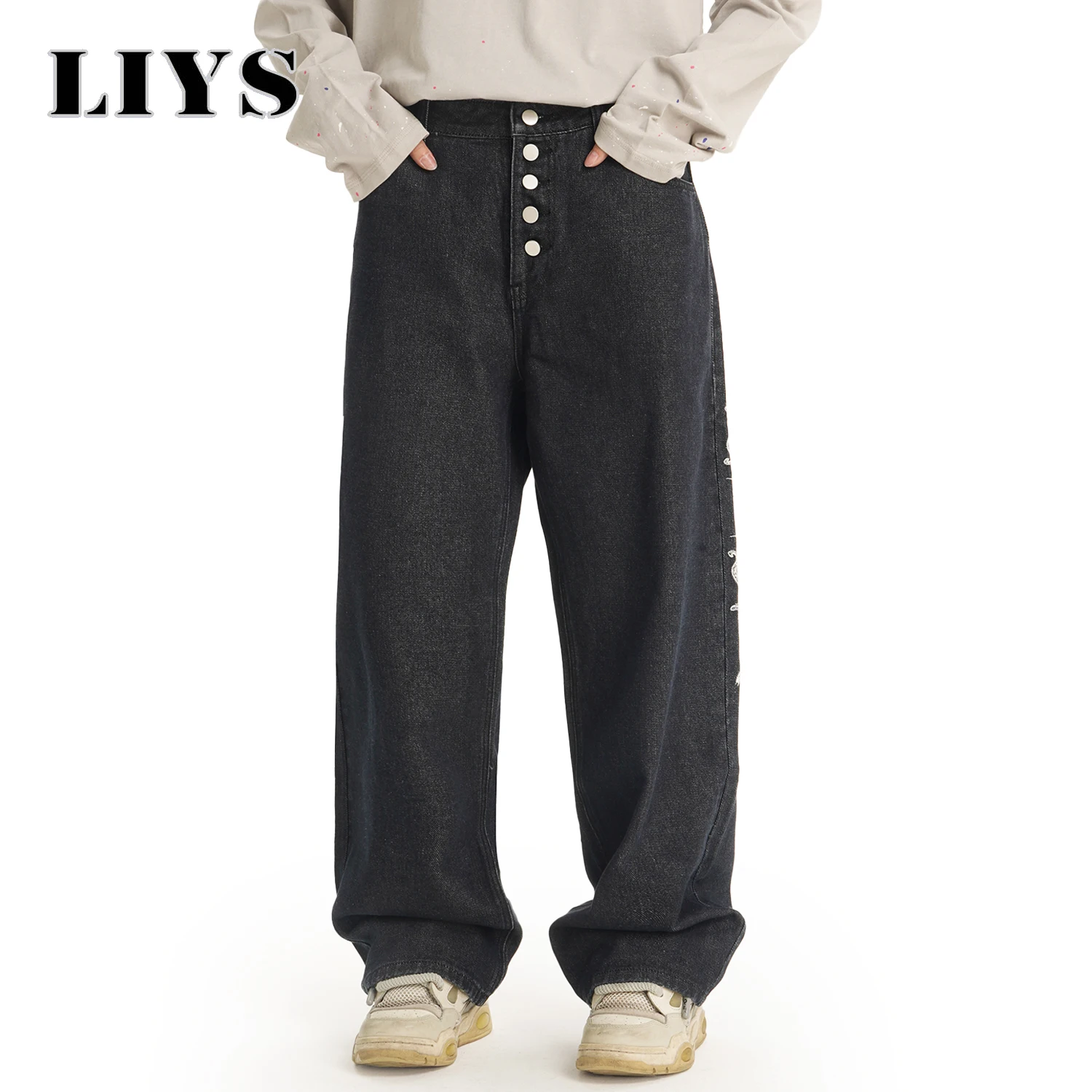 

Американские уличные мужские мешковатые широкие джинсы в стиле ретро, корейские свободные джинсовые брюки с крыльями ангела и пуговицами в стиле хип-хоп Bad Boy Charm