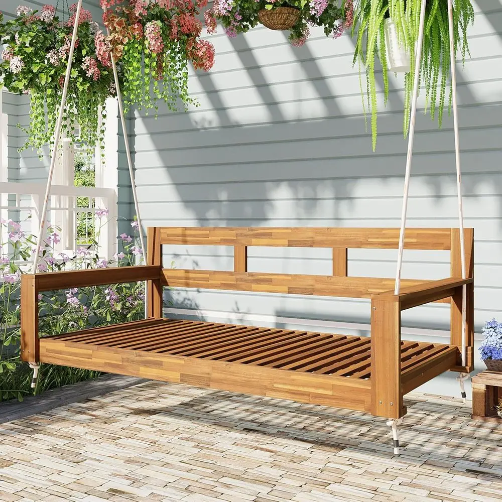 

Natural Wooden Twin Size Daybed Swing Chair for Outdoor Patio and Garden with 4 Hanging Ropes