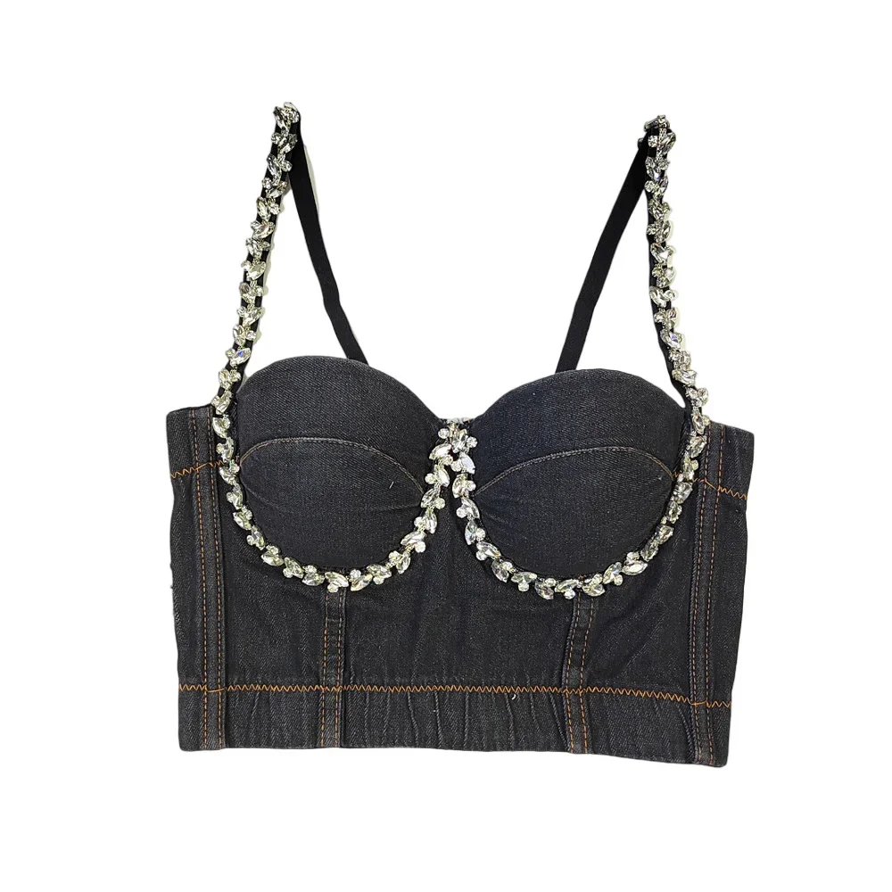 

Hot Selling Women Corset Tops Outer Wear Underwire Bra Diamond Unique Shoulder Straps Bustier Denim Tube Top Fishbone Camisole