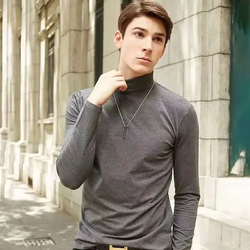 

Мужские осенне-зимние футболки с длинными рукавами, повседневные однотонные термофутболки с высоким воротником, одежда в корейском стиле, футболка с воротником