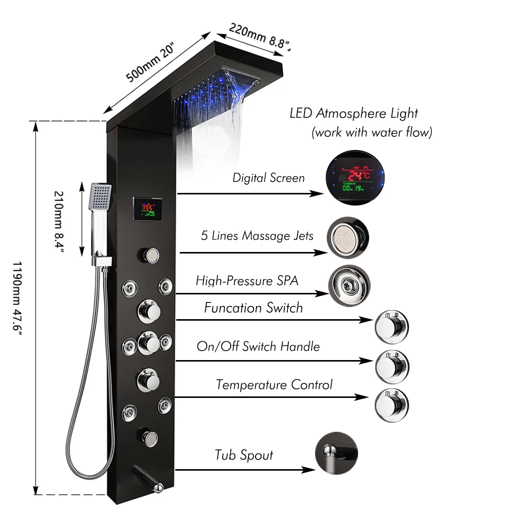 Imagem -02 - Kemaidi Led Painel do Chuveiro Cachoeira Chuva Display Digital Torneira do Chuveiro Conjunto Spa Massagem Jet Banheiro Coluna Mixer Tap Tower System