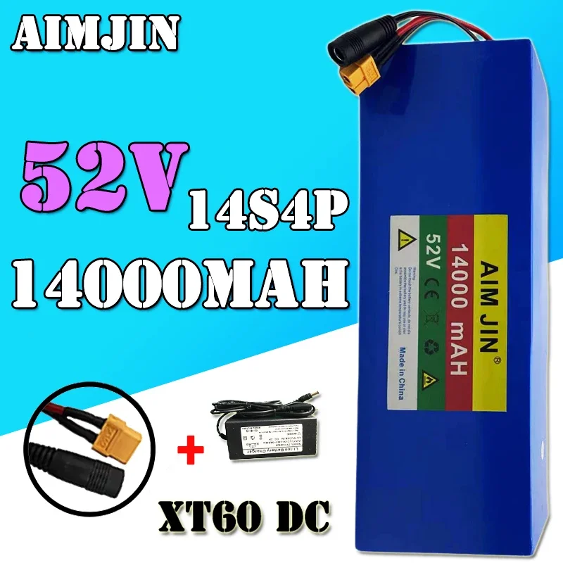 

52V 14Ah 18650 Rechargeable Lithium Battery Pack 14000mAh 14S4P Suitable for 250-1000W Built-in BMS+58.8V 2A Charger