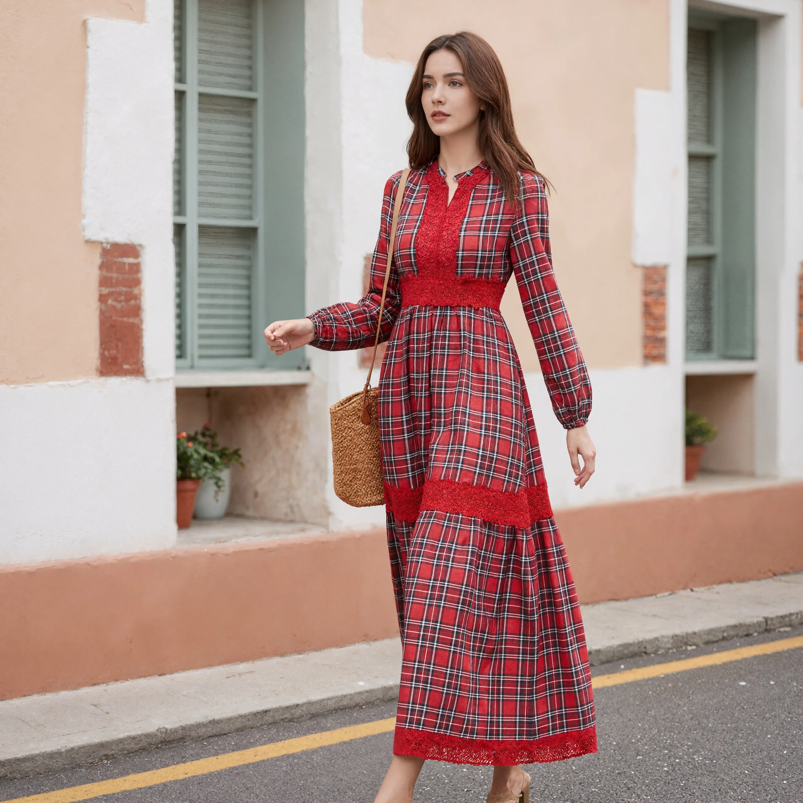 Women Red Plaid Maxi Dress Long Sleeve Casual A-Line Dress Lace Patchwork Tassel V Neck Bohemian Vintage Spring Autumn