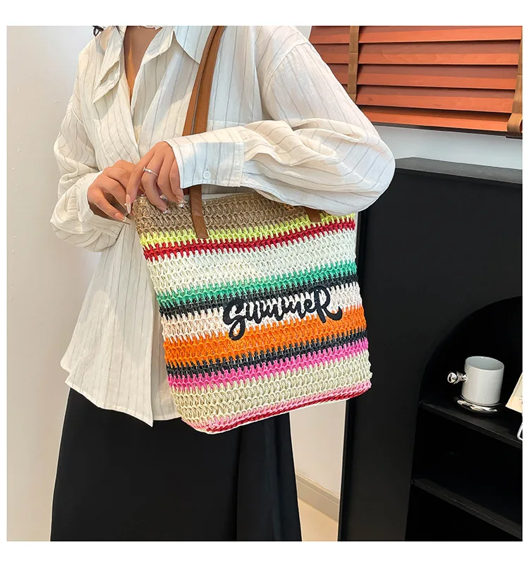 

Summer woven embroidered beach bag, women's tote bag, large capacity single shoulder travel bag, grass woven bag