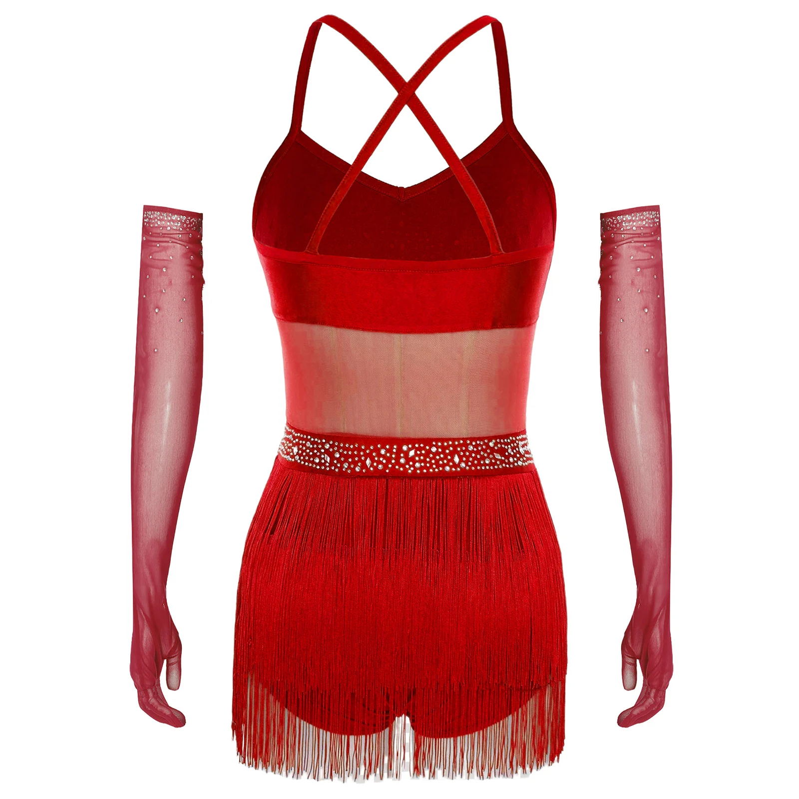 Costume de danse Tango Chacha pour femmes, robe justaucorps Latin à franges en maille transparente avec gants pour Rumba, spectacle de danse de salle de bal Jazz latine