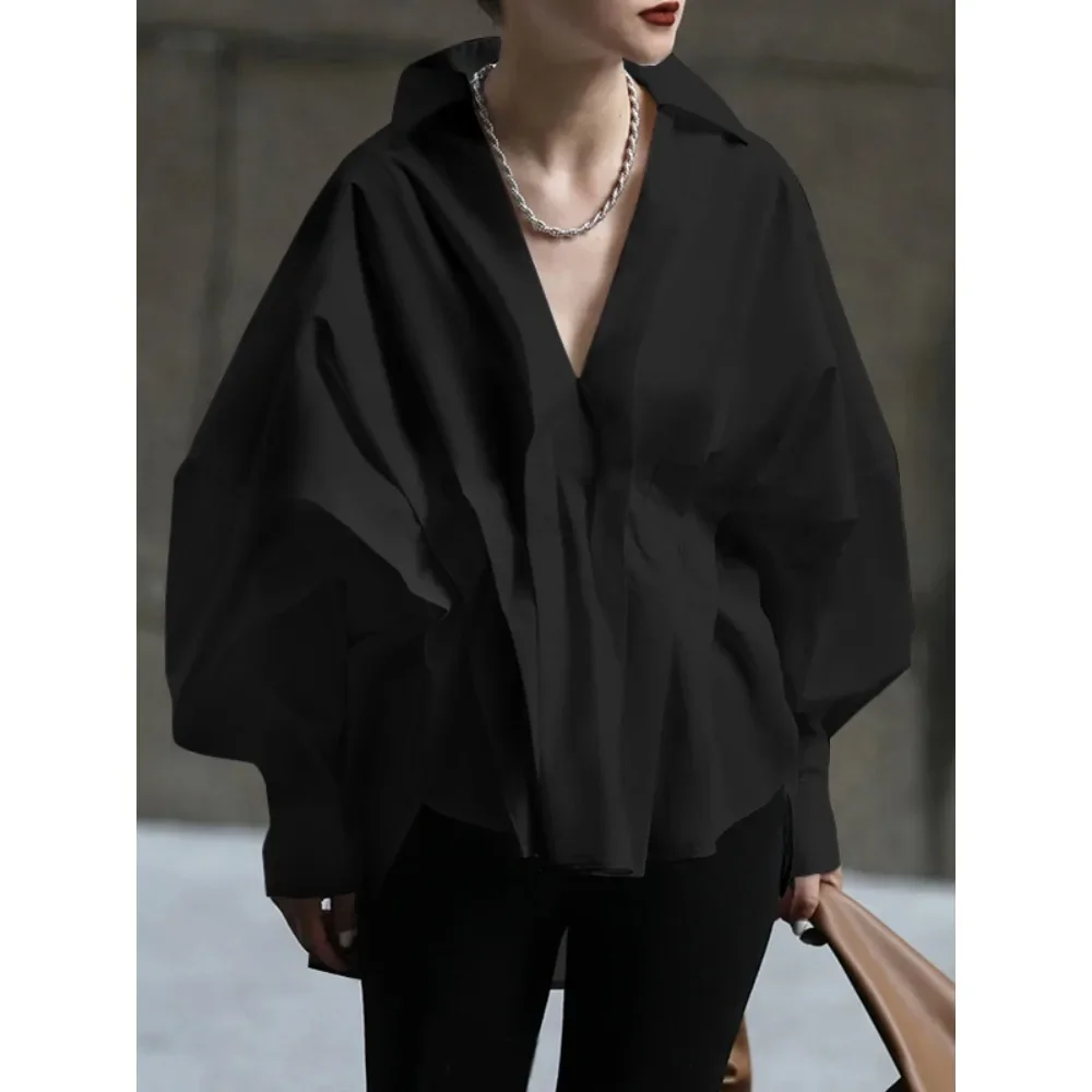 Modigirl Women\'s Blouses Long Puff Sleeves 2025 Spring Summer Pleated Lapel White Black Loose Office ShirtsTops for Female
