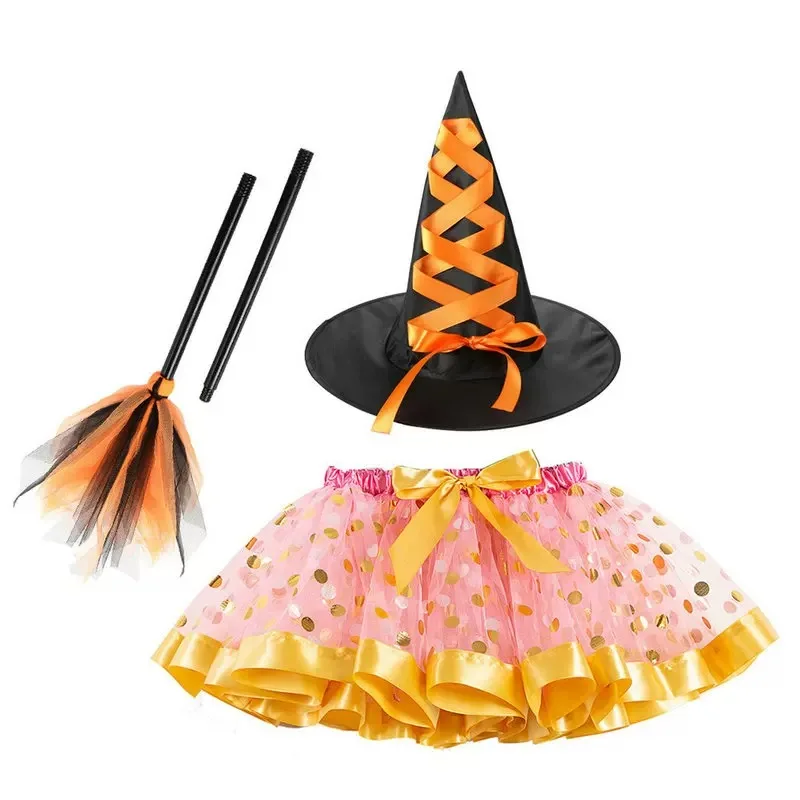 loween New Print Tulle Skirt Witch Hat Broom ort Skirt Tee Piece Set for Girls Polyester Fiber 00% Children's Clothing