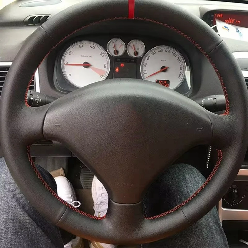 Auto-Innen-Lenkradabdeckung für Peugeot 307 2001–2008, 307 SW 2005–2008, schwarze Mikrofaser-Lederverkleidung, Zubehör – Detail 1