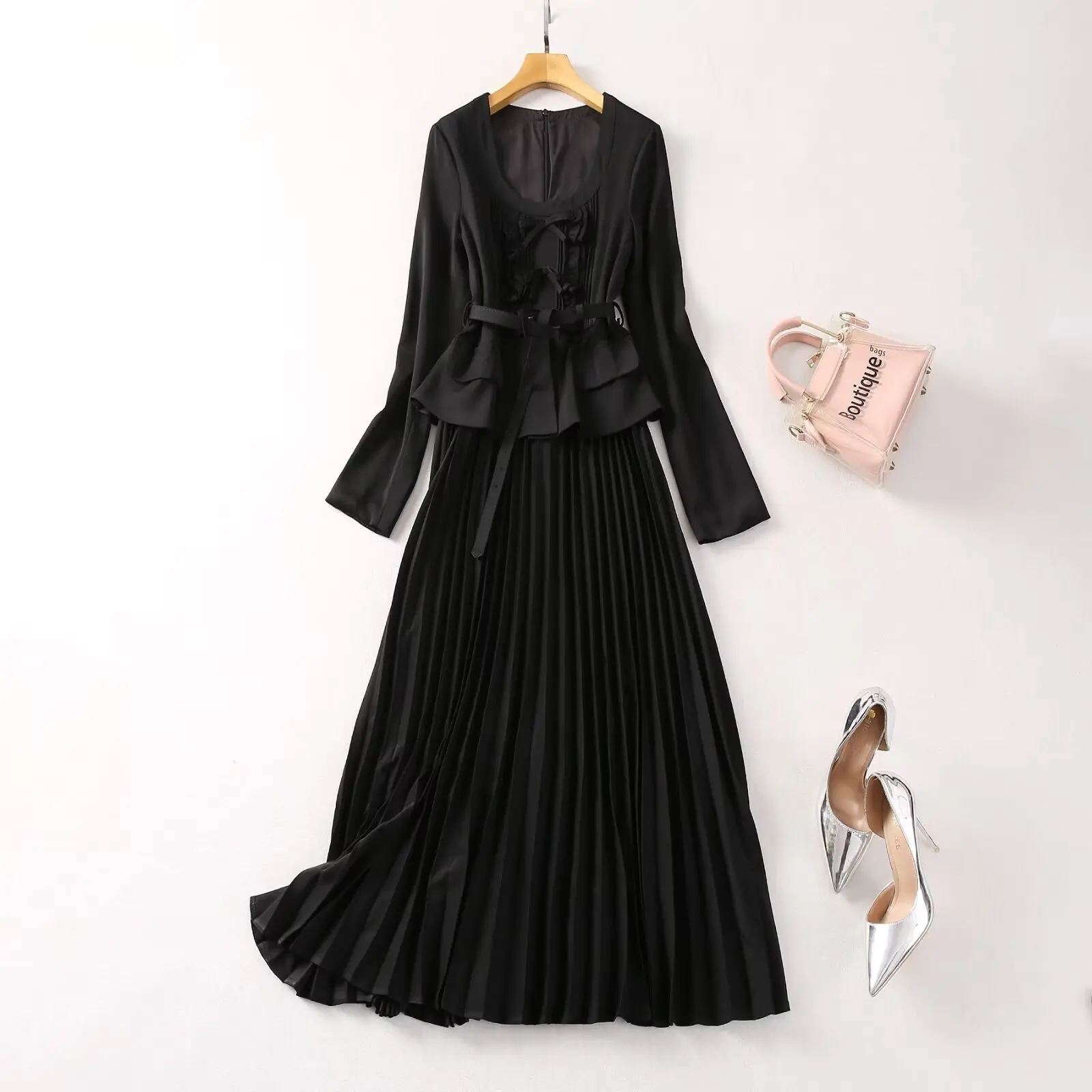 Women O-Neck Patchwork Pleated Midi Dresses Spring Sweet Bow Tie Decor Slim Dress Ladies Elegant Fake Two Piece Long Robes