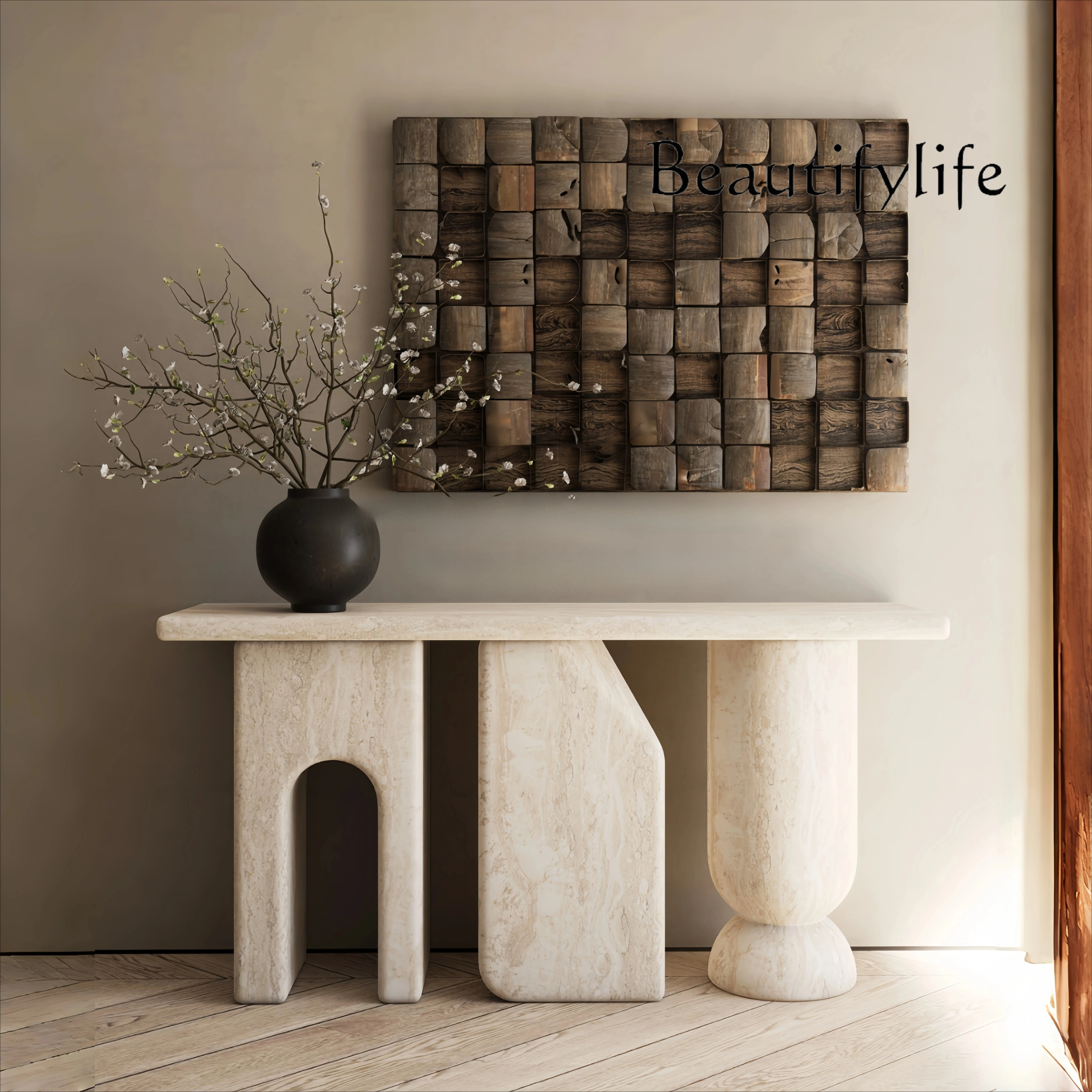 

Natural white and yellow cave marble thick cut rounded corners entry porch case corridor end view display stand