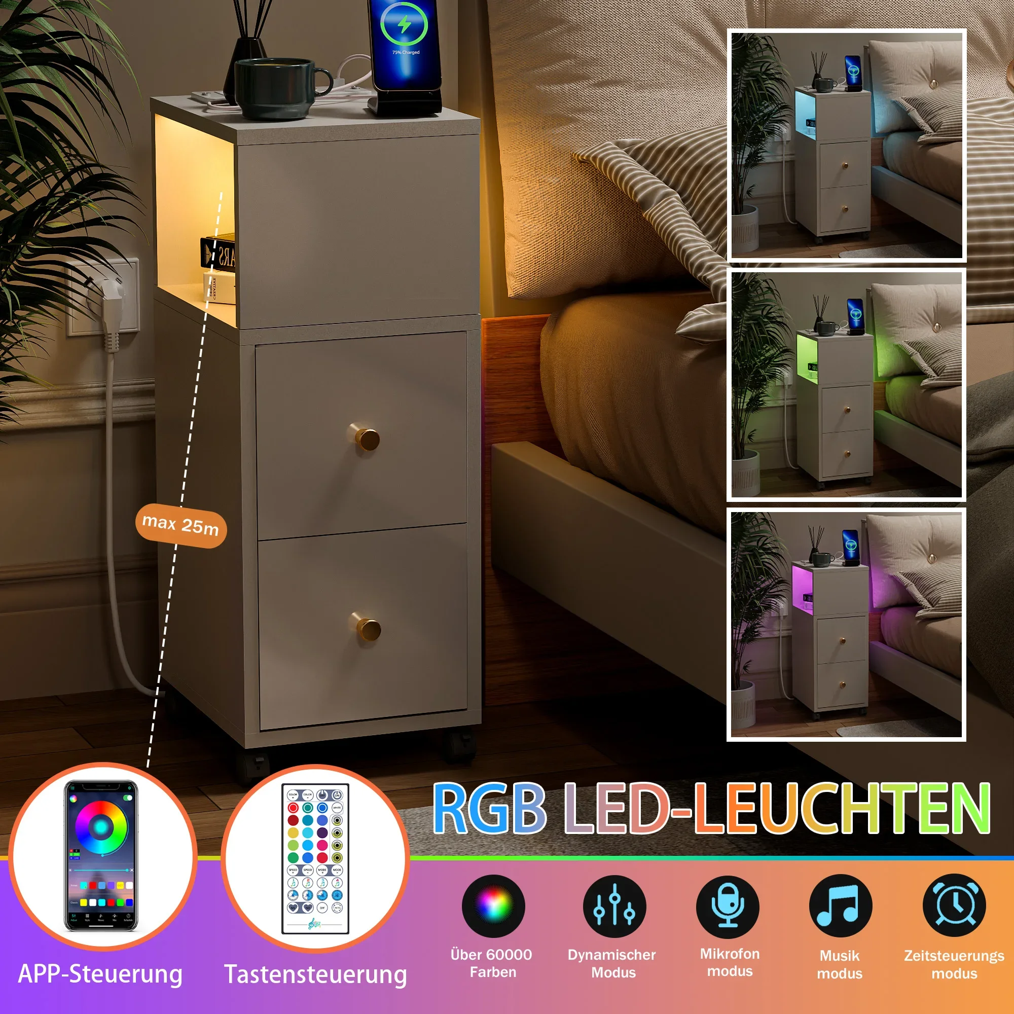 Moderner Beistelltisch mit 2 Schubladen, Holz-Nachttisch, Schrank mit Lichtladestation, Bluetooth-Lichtleiste für Schlafzimmer, EU-Stecker