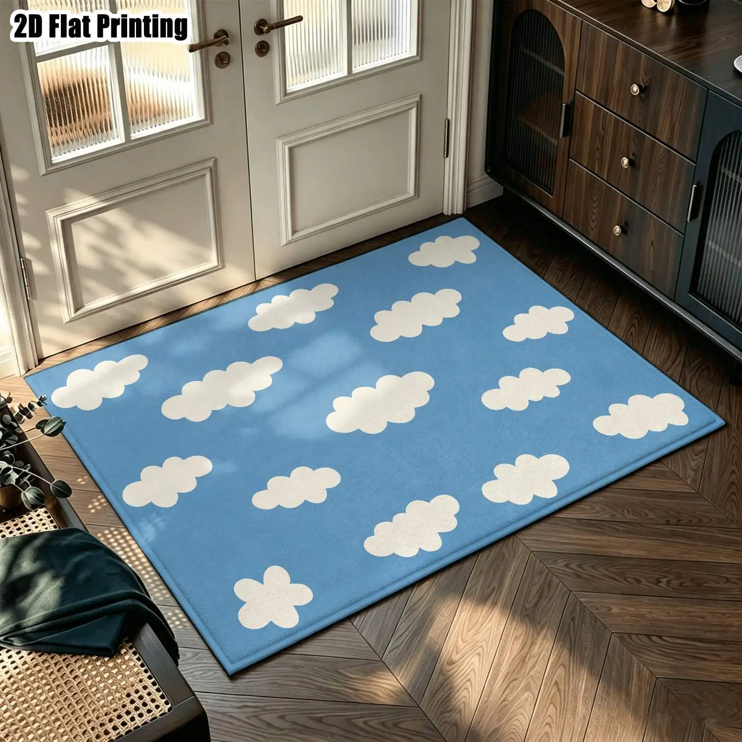 1Pc 2D Printed Blue Cloud Nordic-Style Carpet, Instagram-Inspired Modern Minimalist Geometric Patterned Floor Mat, Machine Washable Home Decor, Multi-Size, for Living Room, Bedroom, Dining Room, Entrance, Study