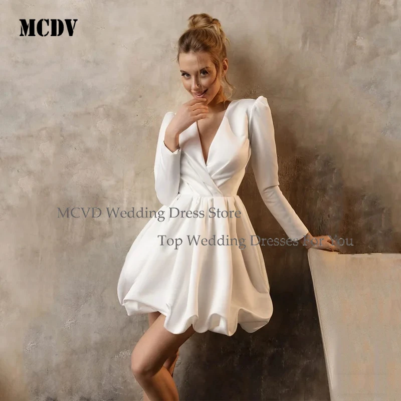 

Short Wedding Dresses Customized Civil Bridal Dress V Neck A-line Mini Long Sleeve Little White Gown Robe De Mariee Bride Suit