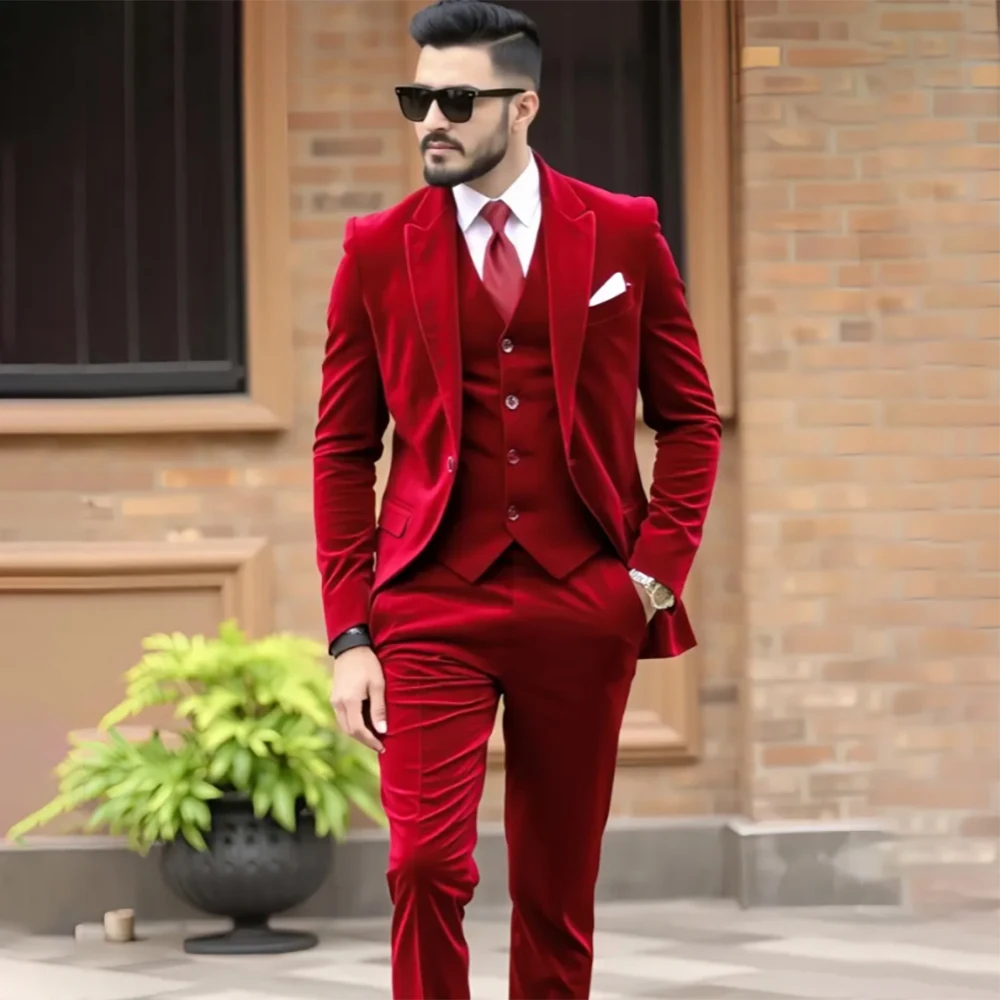 

Formal Velvet Men's Suits Skinny Evening Party 3 Piece Jacket Pants Vest High Quality Wedding Male Clothing Outfits Blazer