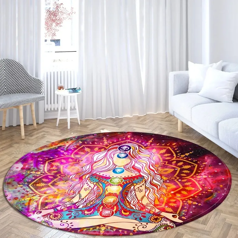 MINISO Disney Indian Buddha Statue Round Carpet Meditation Chakra Floor Mat Bedroom Living Room Print Yoga Anti-Slip Decoration