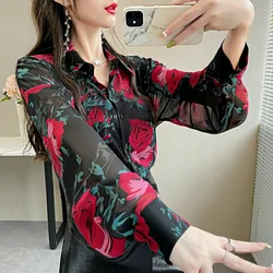 Elegant Fashion Lantern Sleeve Printed Lapel Button Chiffon Shirt Casual Spring Autumn Women's Clothing Loose Commute Blouse