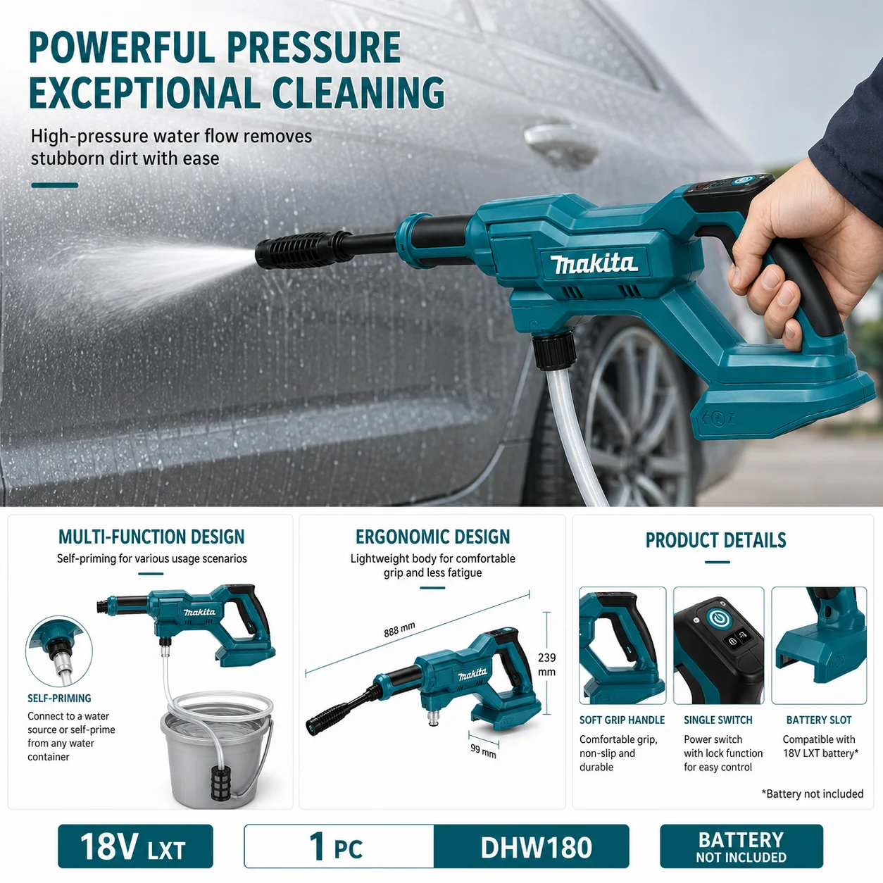 Original Makita DHW180 Kabelloser Tragbarer Hochdruckreiniger 18V Hochdruck-Wasserreiniger Spritzpistole für Autowäsche, Gartenbewässerung, Terrassen-, Boden- und Fensterreinigung, kompatibel mit