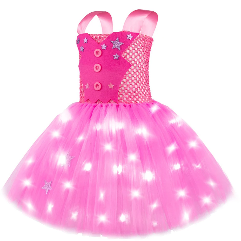 Led Lights Hot Pink Cowgirl Costumes for Girls Ballet Tutu Dress with Cowboy Hat & Scarf Kids Christmas Halloween Party Outfit view 4